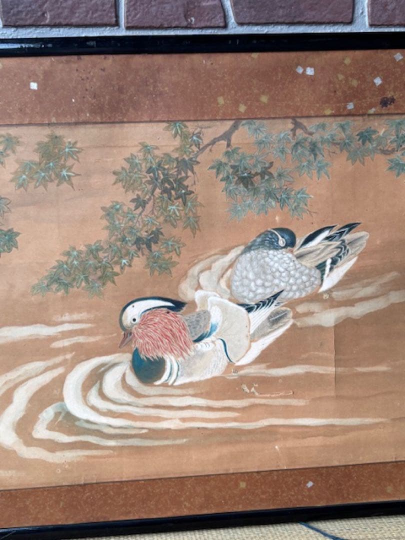 詳細不明 古い 扁額 鴛鴦（おしどり）つがい図 直筆 在銘随筆家江戸時代後期？