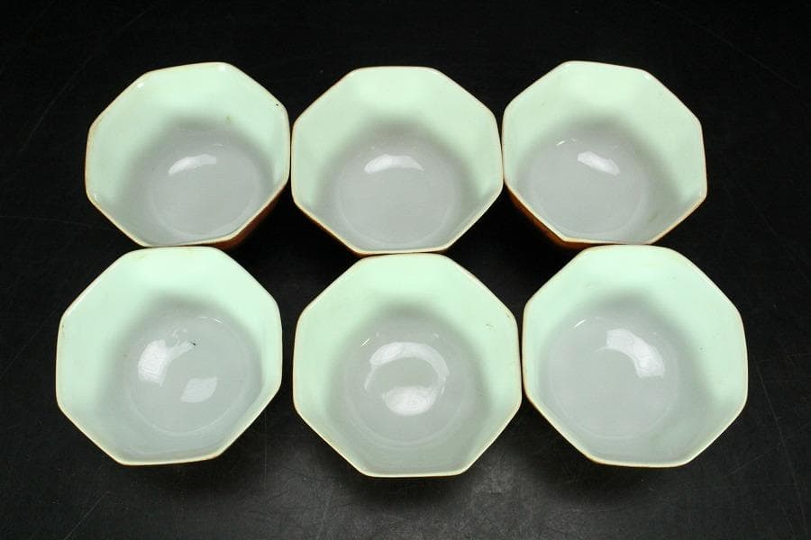 中国美術 煎茶 珊瑚釉 寿字 八方碗 六件(K-XA883)