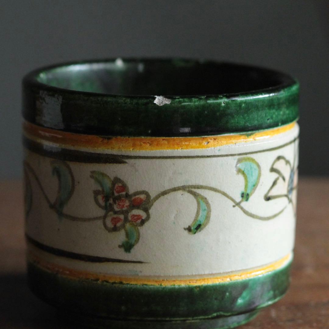 緑釉にしゃれた花柄の筒 筒茶碗 火入 京焼 古美術 古道具 アンティーク 茶道具