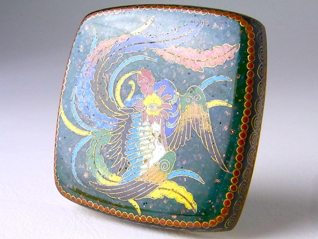 【 E456 】 美しき超名品　明治期尾張七宝上手作　黄銅線鳳凰文脚付き小物入れ