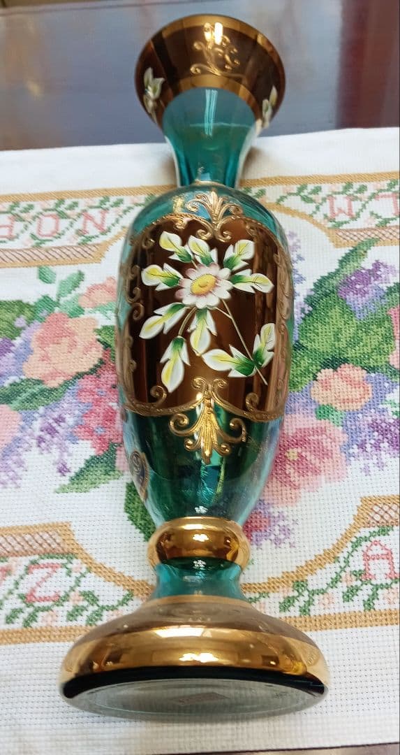 ボヘミアングラス　 花瓶 青・金・茶